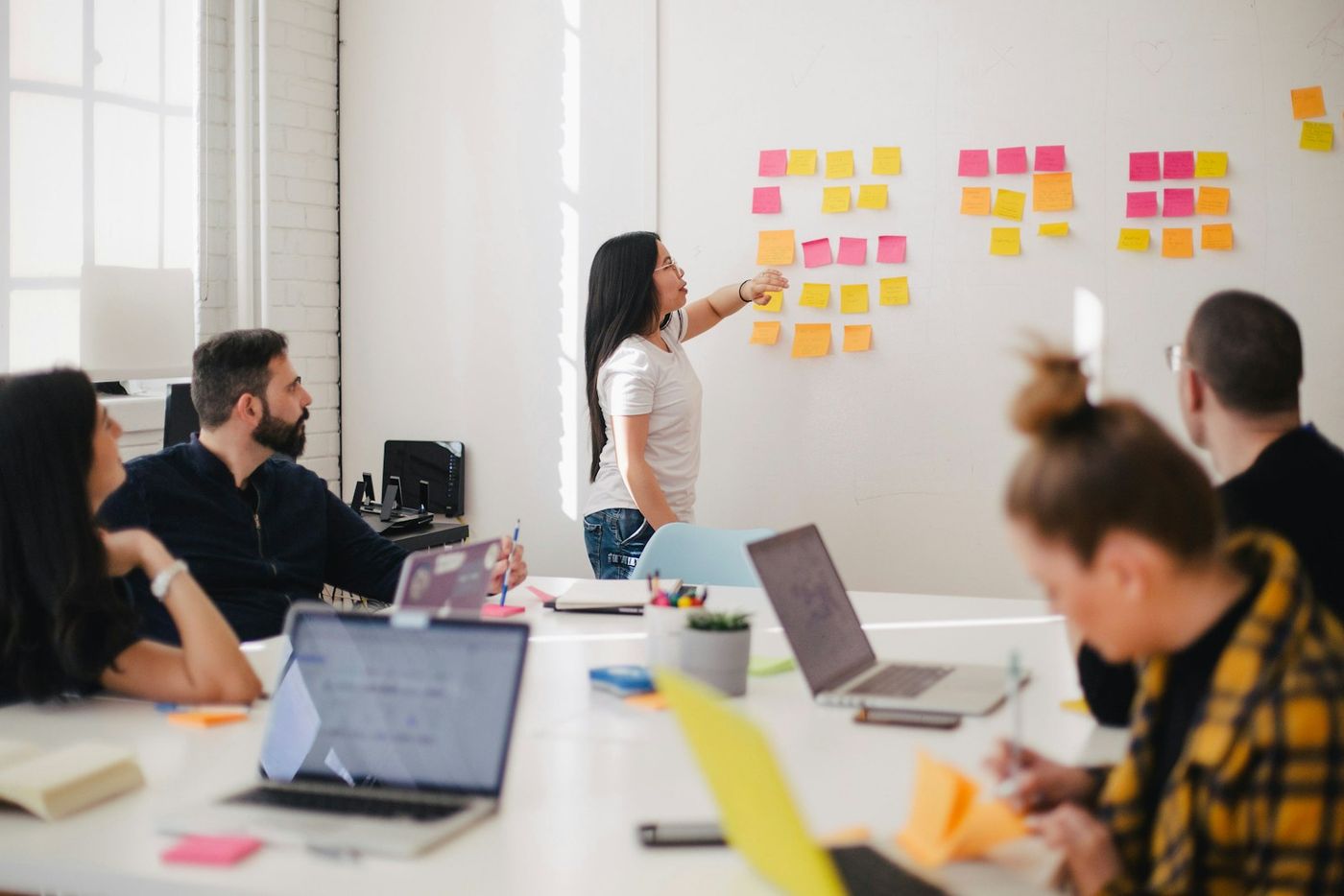 Workshop with a whiteboard and sticky notes
